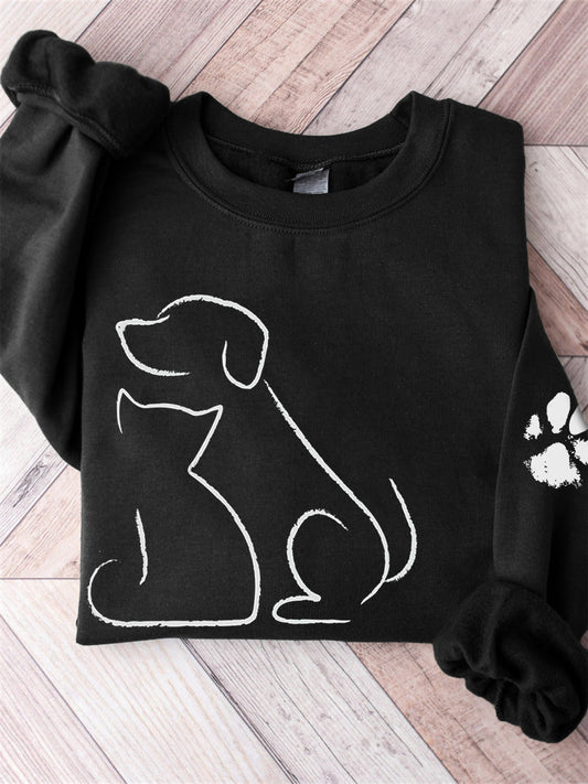 Cat & Dog Line Art Paw Print Comfy Sweatshirt elevenforest
