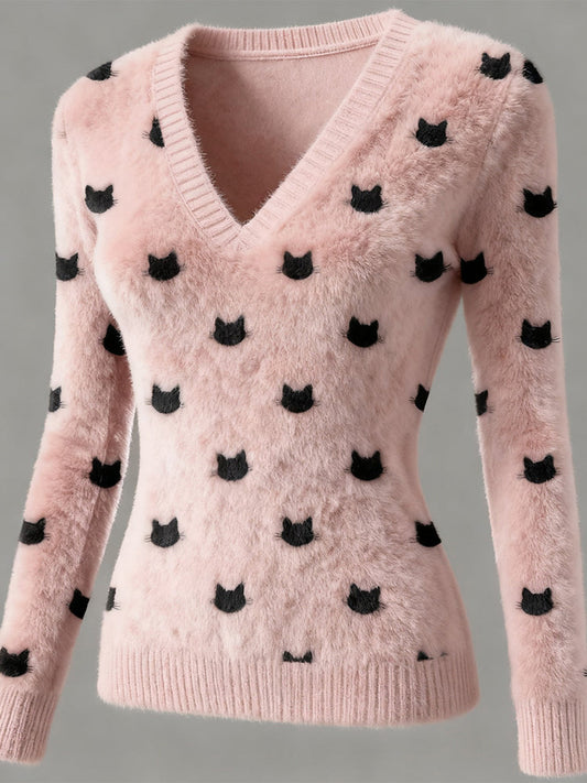 Comstylish Cute Cat Heads Embroidered V Neck Flannel Sweatshirt