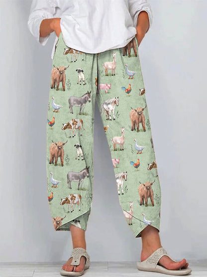Farm Animals Print Linen Blend Casual Pants artswardrobe