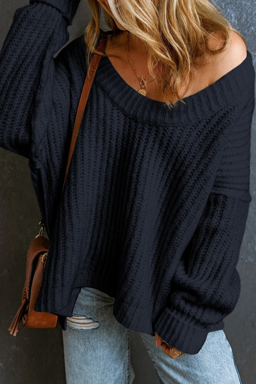 Ivy® | Black, ribbed knit sweater with dropped sleeves and a crew neck