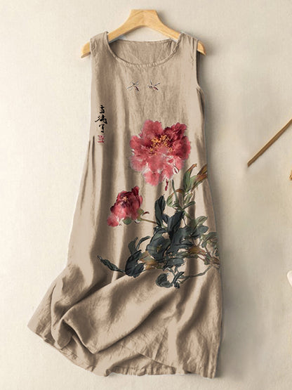 Comstylish Vintage Japanese Ink Flower Calligraphy Art Print Sleeveless Cotton And Linen Midi Dress