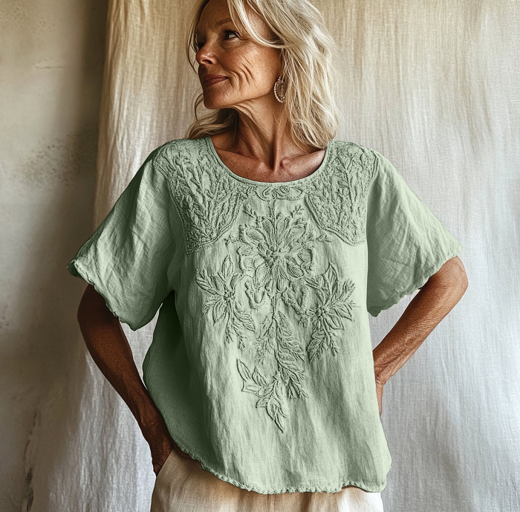 Comstylish Vintage Floral Art Cotton Linen Comfy Shirt