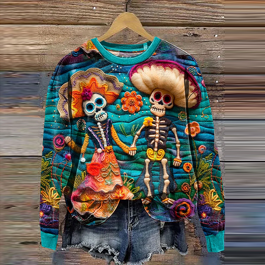 Comstylish Mexican Festive Sugar Skeleton Couple Catrina Day Of The Dead Inspired Art Printed Sweatshirt