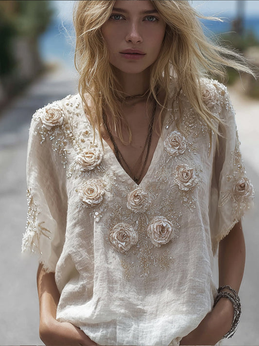 Bohemian-style White Rose Short-sleeved Shirt artswardrobe