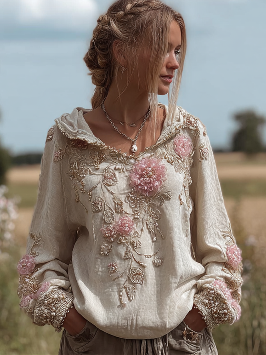 Comstylish Bohemian Style 3d Pink Flower Embroidery Pattern Women's Hooded Long-sleeve Sweatshirt