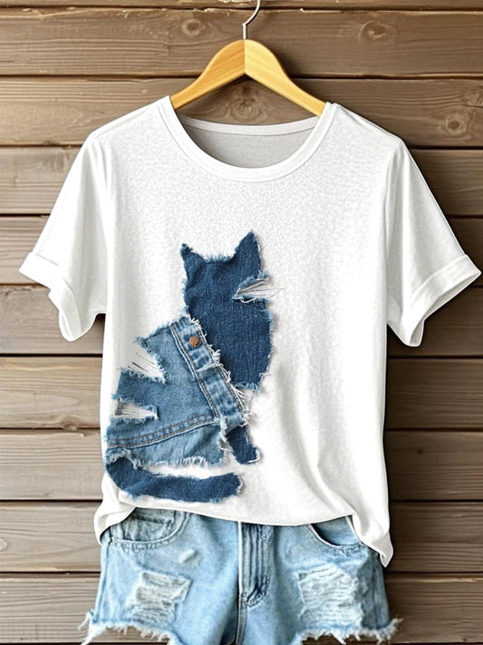 Women's Cute Cat Denim Patchwork Art T-shirt elevenforest
