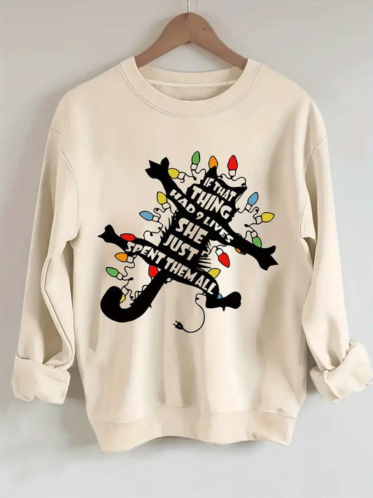 Christmas Lights Cat Print Women's Sweatshirt elevenforest