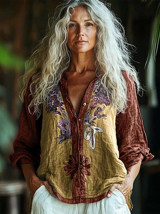 Bohemian Style Linen Floral Art Print  Long Sleeve Shirt artswardrobe