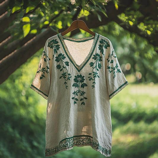 Women's Bohemian Vacation Retro Floral V-neck T-shirt artswardrobe