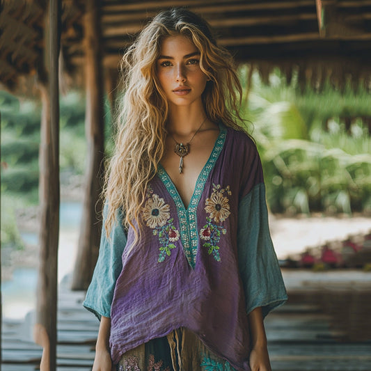 Comstylish Retro Boho Tribal Floral Art Embroidery Print Cotton And Linen V-neck Loose Shirt