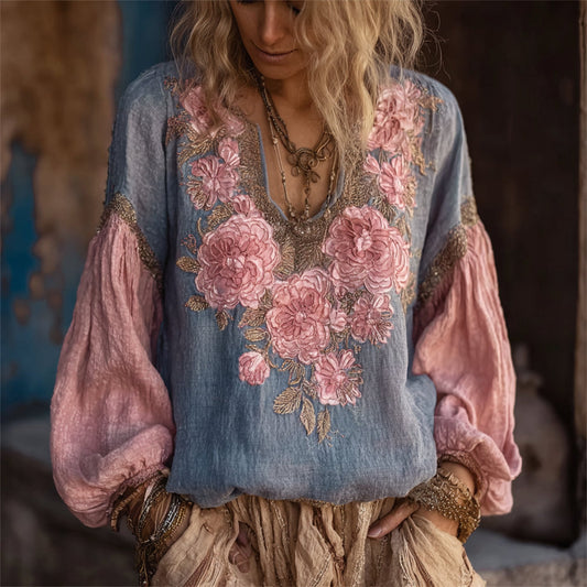 Comstylish Boho Floral Embroidery Art Women's Long Sleeve Shirt
