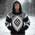 Men's Vintage Viking Celtic Jacquard Chunky Hooded Sweater elevenforest