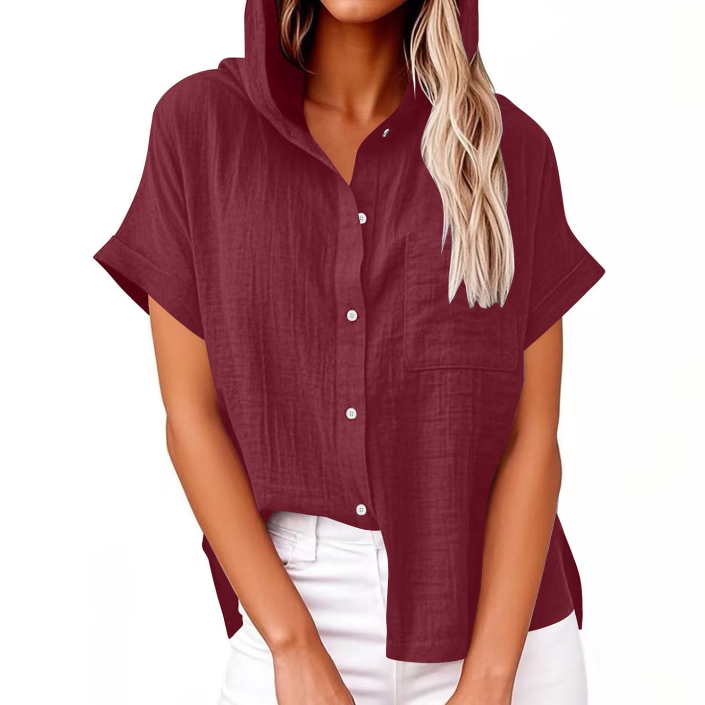 Comstylish Women's Solid Color Linen Vintage Hooded Shirt