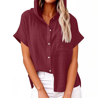 Comstylish Women's Solid Color Linen Vintage Hooded Shirt