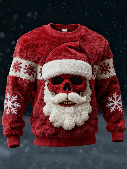 Comstylish Men's Christmas Santa Claus Skull Snowflakes Cozy Plush Sweatshirt