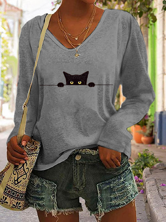 Comstylish Women's Casual Funny Black Cat Print T-shirt