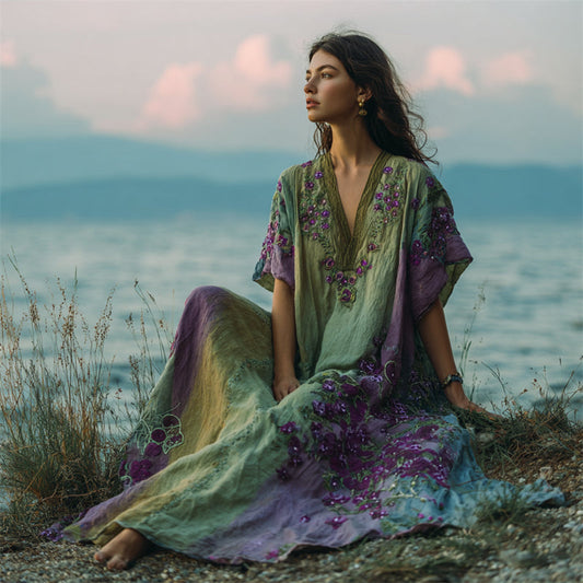Boho Purple Floral Embroidered Gradient Linen Kaftan Maxi Dress artswardrobe