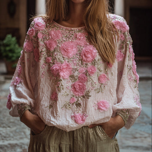 Ladies' Embroidered Flower Vintage Casual V-neck Long-sleeved Top