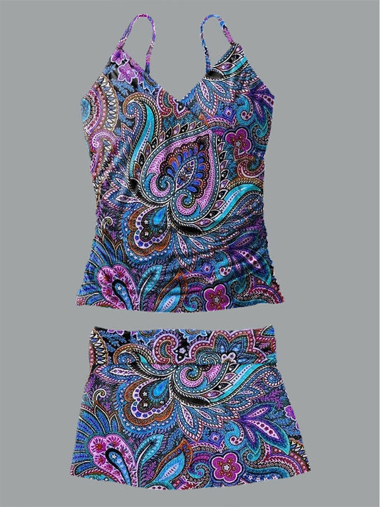 Women's Bohemian Floral Print Suspender Shirred Swimsuit Set