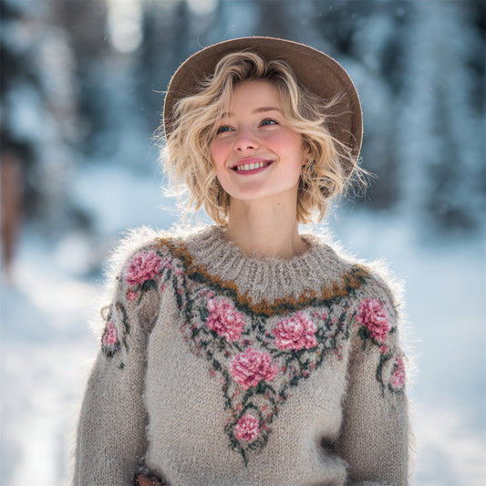 Comstylish Vintage Floral Knit Embroidery Art Women's Icelandic Sweater