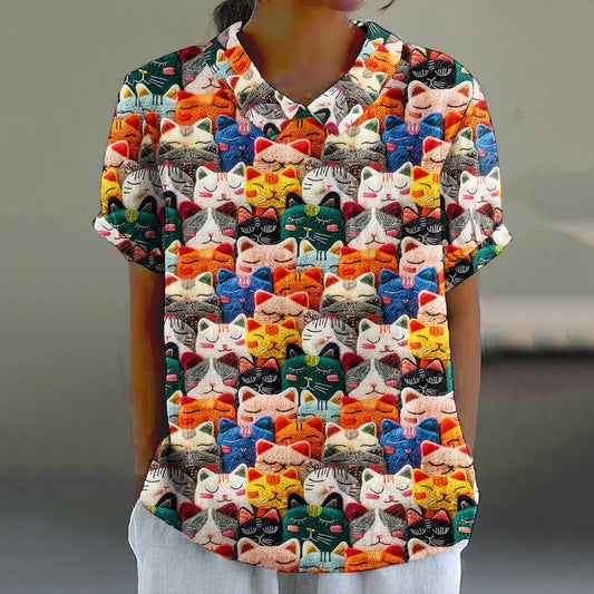 Comstylish Women's Pop Art Embroidered Cute Cat Print Shirt