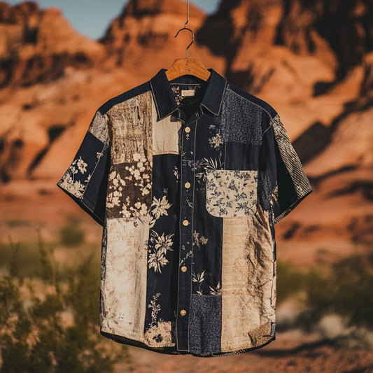 Men's Applique Patchwork Art Casual Short Sleeve Shirts artswardrobe
