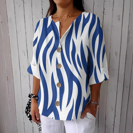 Women's Retro Geometric Pattern Linen Blend Casual Shirt artswardrobe