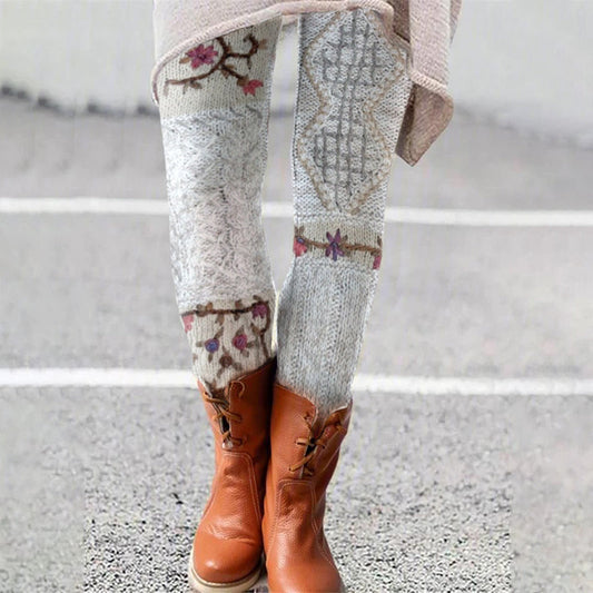Vintage Floral Knit Patchwork Pattern Comfy Leggings artswardrobe