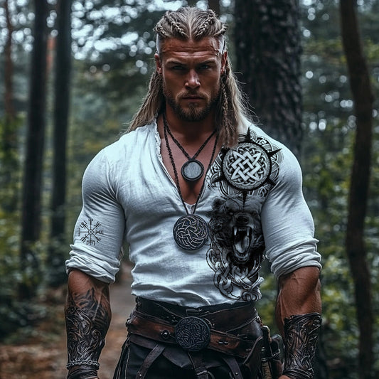 Men's Vintage Viking Lion Rune Print Linen V-neck Shirt artswardrobe