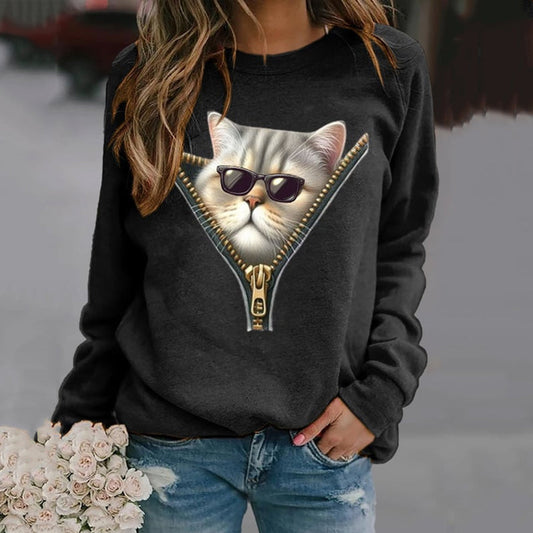 Women's Cute Cat Print Crew Neck Sweatshirt elevenforest