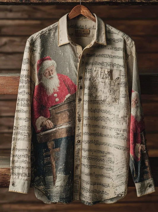 Vintage Men's Colorblock Plaid Retro Musical Christmas Print Pocket Long Sleeve Shirt artswardrobe