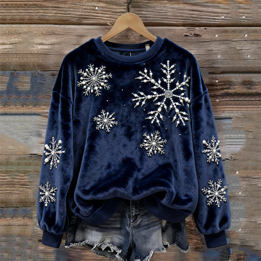 Comstylish Christmas Classy Snowflakes Beaded Cozy Plush Sweatshirt