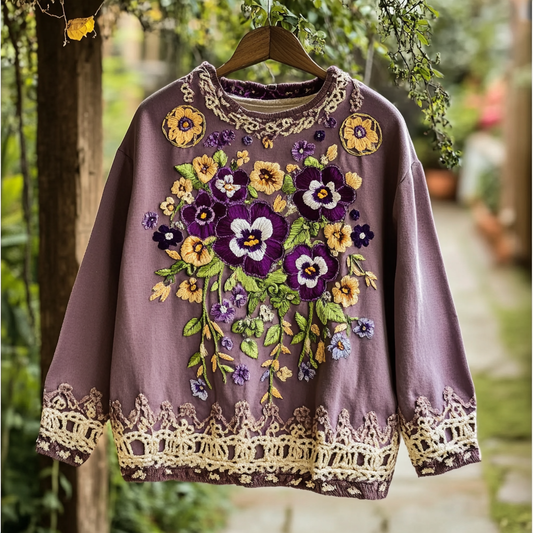 Comstylish Vintage Violet Floral Embroidery Cozy Sweatshirt