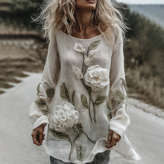Women's Classic Romantic White Rose Embroidery Art Comfy Linen Long Sleeve Shirts artswardrobe