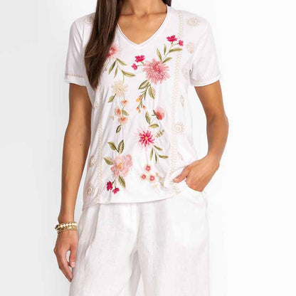 Women's Vintage Ethnic Floral Embroidery Linen V-neck T-shirt And Linen Wide-leg Pants Two-piece Set artswardrobe