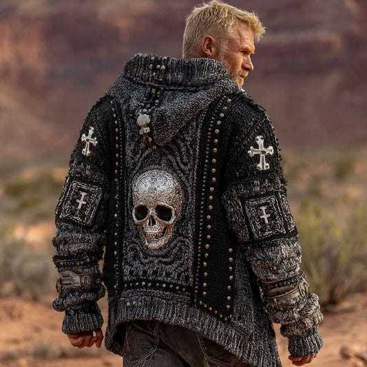 Men's Dark Style Skull Cross Inspired Knitted Cozy Zipper Up Hooded Cardigan elevenforest