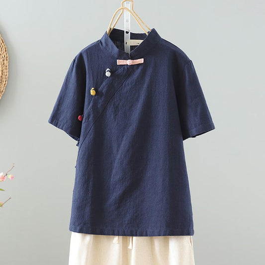 Comstylish Women's Diagonal Breasted Button Up Short Sleeved Shirt