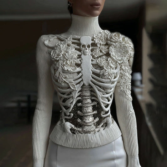 Comstylish Women's Vintage Skeleton Sequins & Floral Art Cozy High Neck Sweater