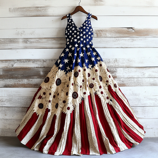 Women's Vintage Independence Day Flag Sunflower Art Linen Midi Dress artswardrobe
