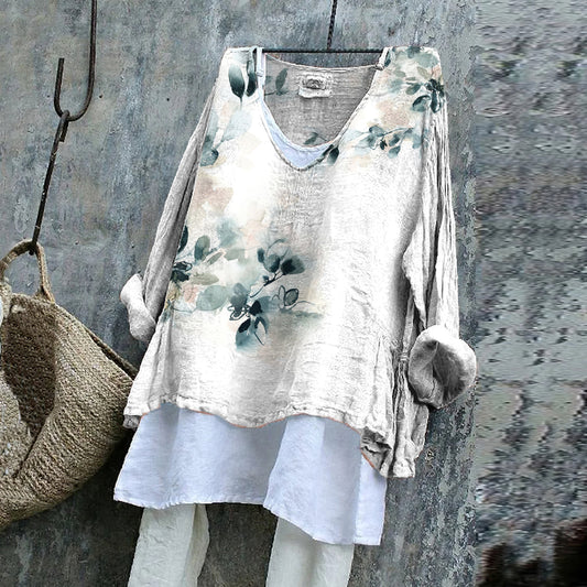 Comstylish Vintage Floral Art Cotton Linen V Neck Casual Shirt