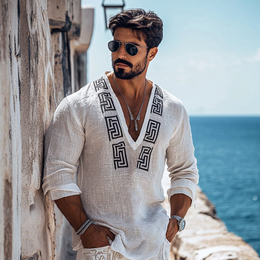 Men's Leisure Greek Key Graphics Linen V-neck Shirt artswardrobe