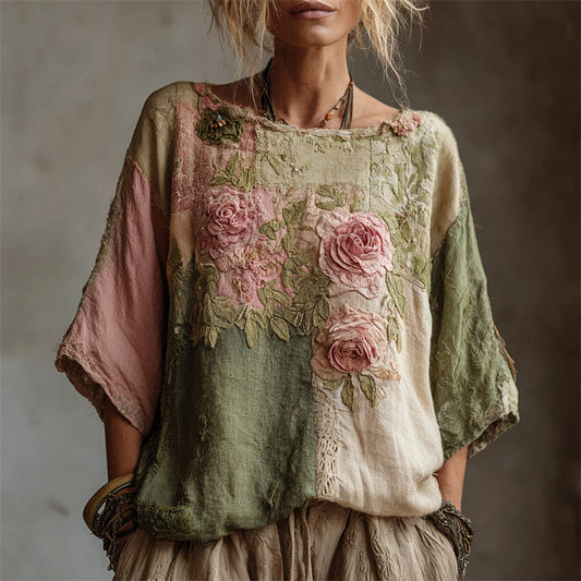 Vintage Pink Roses Embroidered Patchwork Linen Shirt artswardrobe