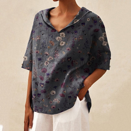 Comstylish Women'S Floral Art Print Casual Linen V-Neck Shirt