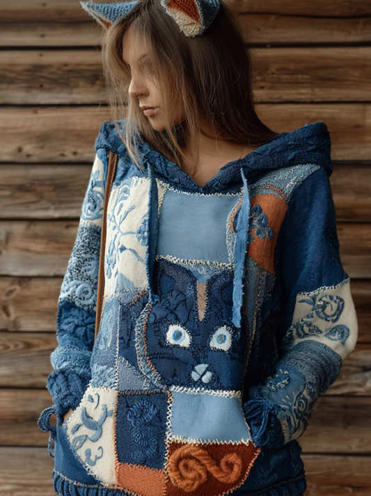 Japanese Art Style Cat And Plant Flower Pattern Embroidery Women's Mixed Color Hooded Sweatshirt elevenforest