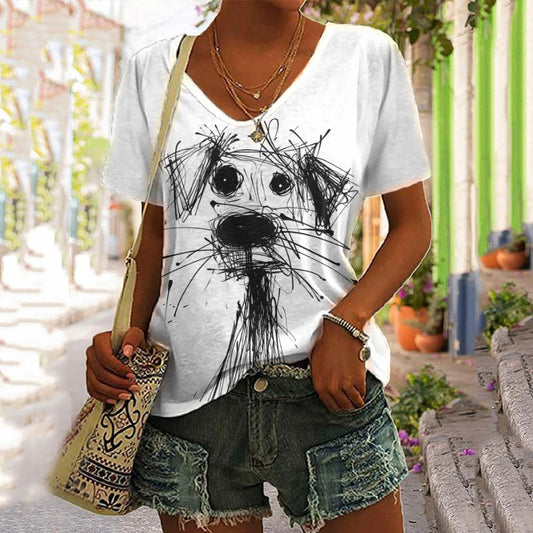 Comstylish Funny Puppy Sketch Art Print V Neck T-Shirt