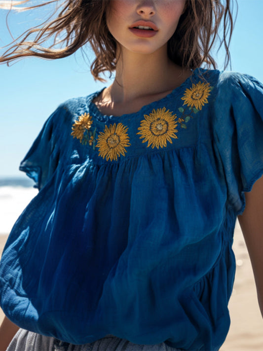Vintage Sunflower Embroidered Art Cotton Linen Comfy Shirt artswardrobe