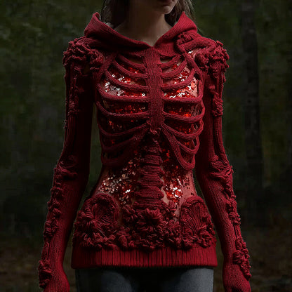 Halloween Skull Floral Knitted Warm Hooded Sweater artswardrobe