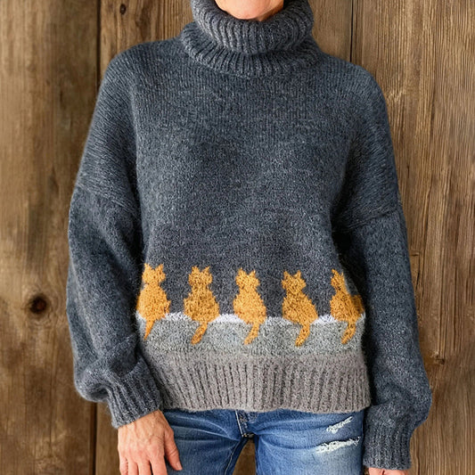 Comstylish Women's Cute Cats Print Knit Turtleneck Pullover Sweater