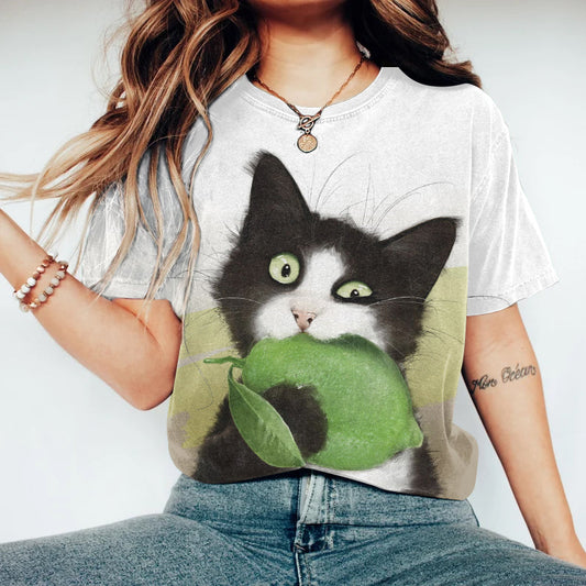 Abstract Creative  Cute Lemon Cat Art Print Cotton Graphic T-shirt elevenforest