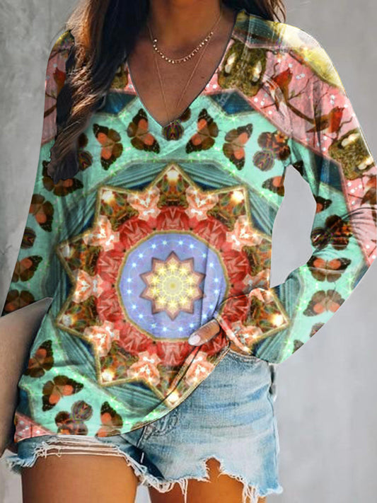 Women's Casual Vintage Bohemian Floral Art Print V Neck Long Sleeve To